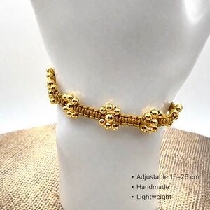 18K Gold Plated Flower Beaded Bracelet | Adjustable Gold Cord | Boho Jewelry
